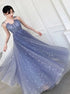 A Line Straps Sweep Train Tulle Lace Up Prom Dress LBQ2672